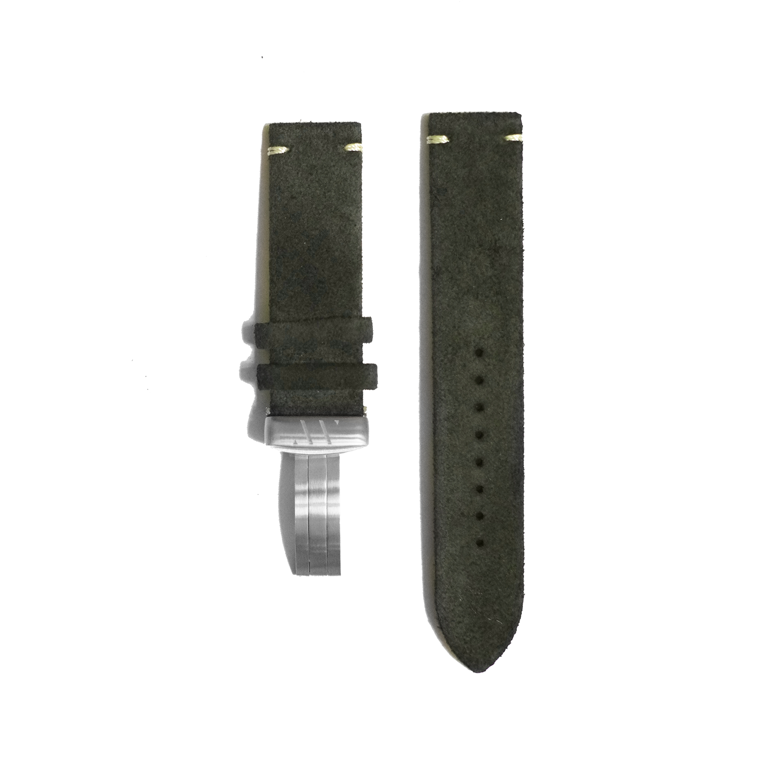 Dark olive suede strap with contrast stitching